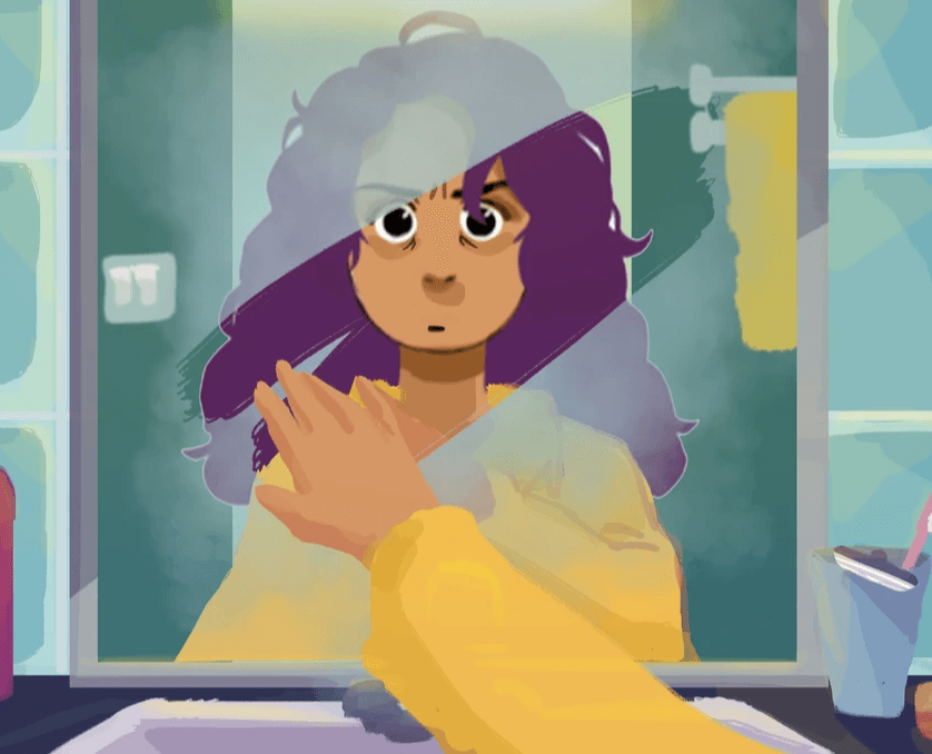 Hairmageddon character at her dressing table