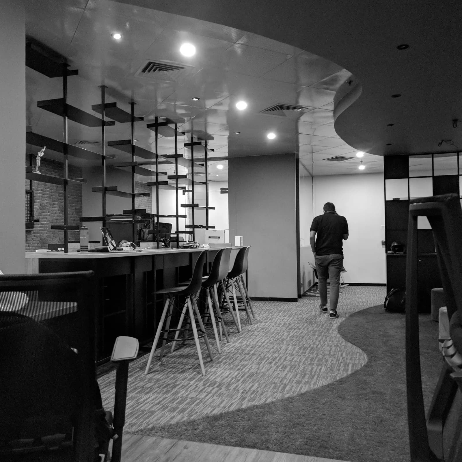 The open studio photographed in black and white