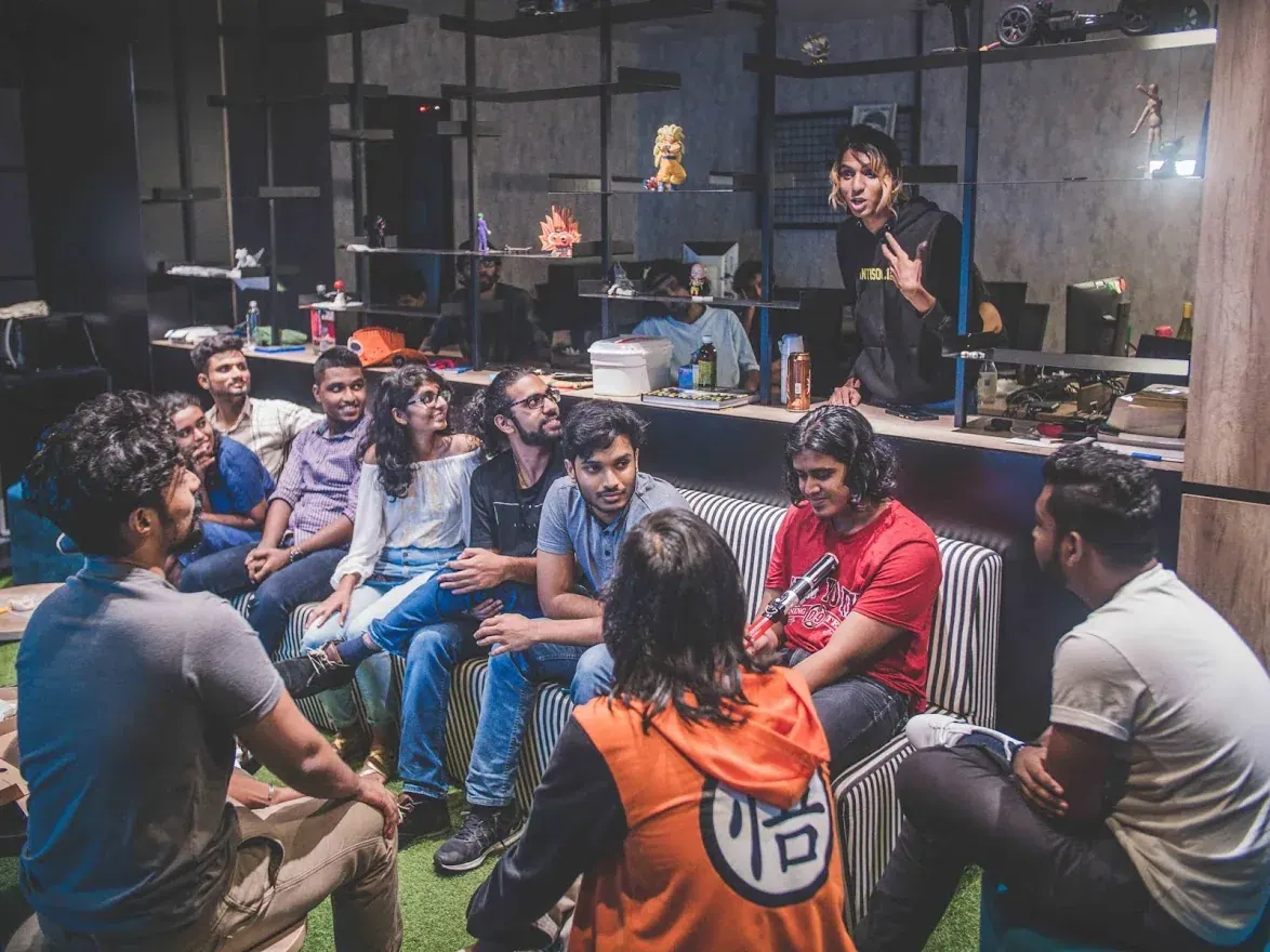 The team gathered for a studio celebration